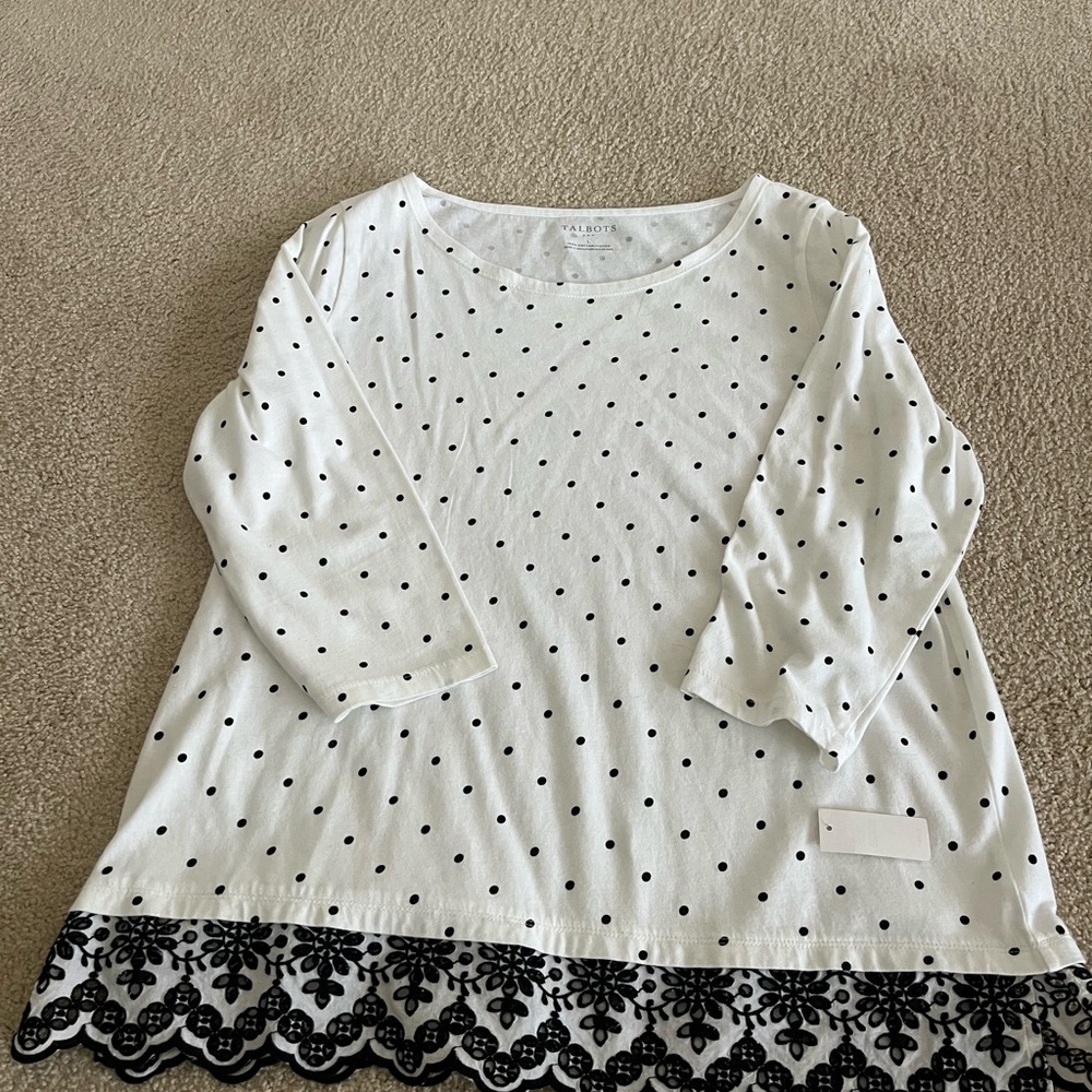 Talbots White and Black Patterned Long Sleeve Top